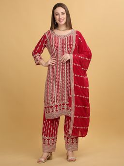 Aham-Vayam - Khoobsurat Embroidered Red Kurta with Pant and Dupatta