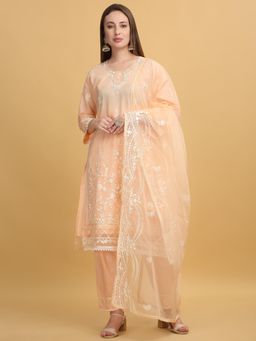 Aham-Vayam - Mayuri Embroidered Coral Kurta with Pant and Dupatta