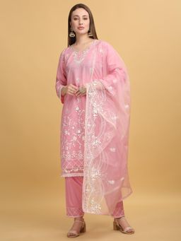 Aham-Vayam - Mayuri Embroidered Pink Kurta with Pant and Dupatta