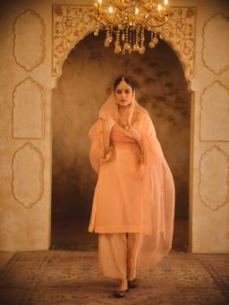 AFRIYA - Peach Tajra V-Neck Organza A-Line Kurta with Pants and Dupatta