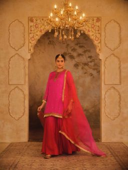 AFRIYA - Pink Hoor-E-Mahal Ombre Kurta with Sharara and Dupatta