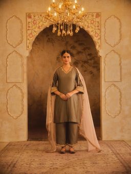 AFRIYA - Green Gulbano V-Neck A-Line Kurta with Pants and Dupatta