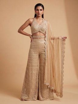 "Two Sisters" by Gyans - Champagne Hand Embroidered Gold Blouse Palazzo with Dupatta and Belt