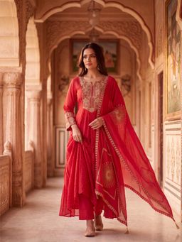 "Two Sisters" by Gyans - Crimson Mul Chanderi Embroidered Red Kurta with Pant and Dupatta