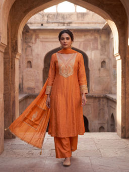 "Two Sisters" by Gyans - Mul Chanderi Embroidered Orange Kurta with Pant and Dupatta