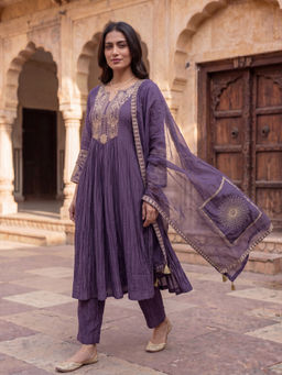 "Two Sisters" by Gyans - Royal Mul Chanderi Embroidered Purple Kurta with Pant and Dupatta