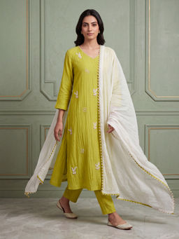 "Two Sisters" by Gyans - Lime Floral Thread Embroidered Green Kurta with Pant and Dupatta