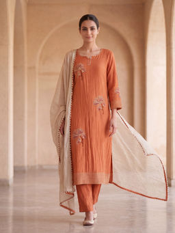 "Two Sisters" by Gyans - Rust Orange Hand Floral Embroidered Kurta Set