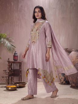 "Two Sisters" by Gyans - Shimmer Tissue Embroidered Lavender Kurta with Pant and Dupatta