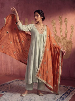 "Two Sisters" by Gyans - Mul Chanderi Embroidered Grey Kurta with Pant and Dupatta