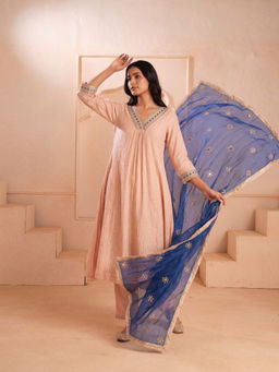 "Two Sisters" by Gyans - Blush Mul Chanderi Embroidered Pink Kurta with Pant and Dupatta