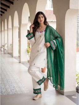 Label Shaurya Sanadhya - Embroidered White Kurta with Pant and Dupatta