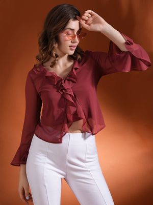 Buy Globus Maroon Ruffles Tie-Up Neck Bell Sleeves Georgette Crop Top ...