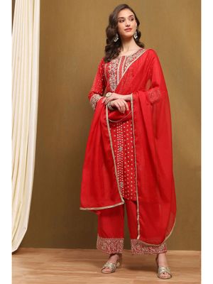 Red Embroidered Chinon A-Line Kurta Palazzos With Dupatta