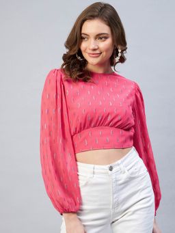 RARE - Women Casual Pink Colour Round Neck Ethnic Motifs Blouson Top