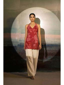 LAALZARI - Rust Printed Muslin Sleeveless V-Neck Kurta With Ivory Palazzo