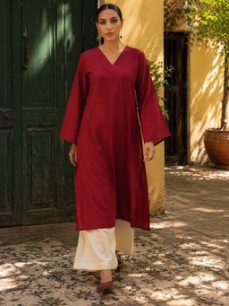 LAALZARI - Maroon Contrast V-Neck Palazzo Set