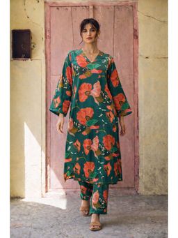 LAALZARI - Green Printed Full Sleeve Muslin V-Neck Kurta With Palazzo