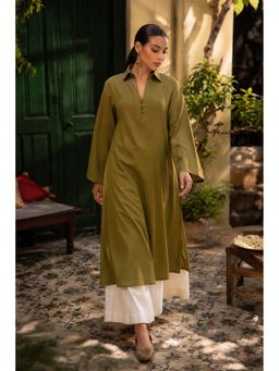 LAALZARI - Olive Green Collar Neck Palazzo Set