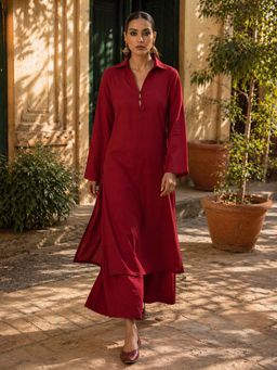 LAALZARI - Maroon Collar Neck Palazzo Set