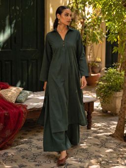 LAALZARI - Deep Green Collar Neck Palazzo Set