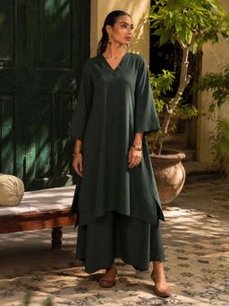 LAALZARI - Deep Green V-Neck Palazzo Set