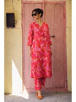 LAALZARI - Pink Printed Three Fourth Sleeves Muslin V-Neck Kurta With Palazzo