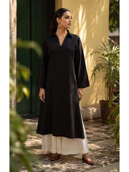 LAALZARI - Black Contrast Collar-Neck Palazzo Set
