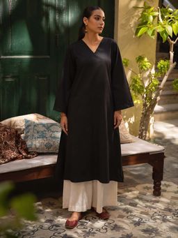 LAALZARI - Black Contrast V-Neck Palazzo Set