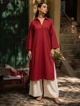LAALZARI - Maroon Contrast Collar-Neck Palazzo Set