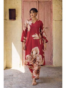 LAALZARI - Red Printed Full Sleeve V-Neck Muslin Kurta With Palazzo