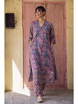 LAALZARI - Purple Printed Full Sleeve Muslin V-Neck Kurta With Palazzo