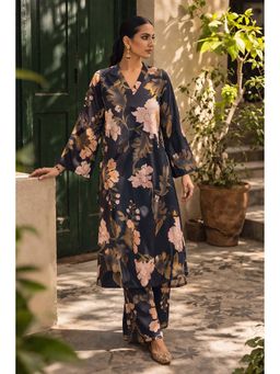 LAALZARI - Black Printed Full Sleeve Muslin V-Neck Kurta With Palazzo