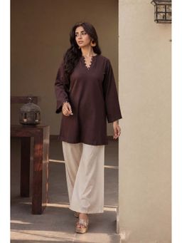 LAALZARI - Solid Brown Full Sleeve Linen Round Neck Kurta With Palazzo