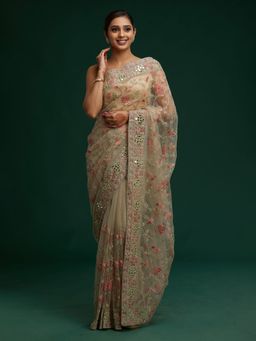 Koskii - Pista Green Mirror Work Net Designer Saree with Unstitched Blouse
