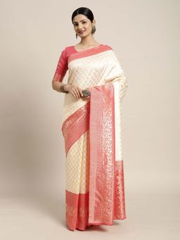 Akhilam - Women Silk Blend Off White Designer Saree with Unstitched Blouse
