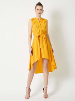 Miss Chase - Mustard Sleeveless Solid Gathered Asymmetric Belted Knee Long Dress