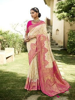 Odette - Women Off White Jacquard Woven Design Saree with Unstitched Blouse
