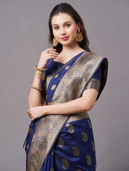 Akhilam - Navy Blue Festive Silk Blend Woven Design Saree with Unstitched