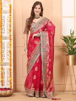 Dress & Dazzle - Pink Kora Banarasi Saree with Unstitched Blouse