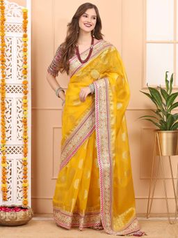 Dress & Dazzle - Yellow Kora Banarasi Saree with Unstitched Blouse