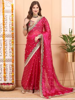 Dress & Dazzle - Pink Tissue Saree with Unstitched Blouse