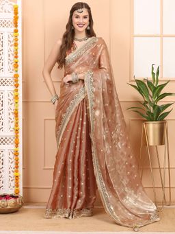 Dress & Dazzle - Peach Gold Tissue Saree with Unstitched Blouse