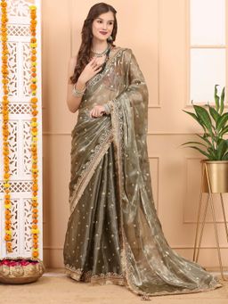 Dress & Dazzle - Leaf Green Tissue Saree with Unstitched Blouse
