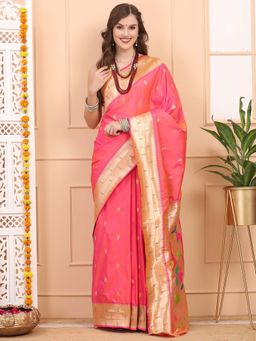 Dress & Dazzle - Blush Pink Paithani Silk Saree with Unstitched Blouse