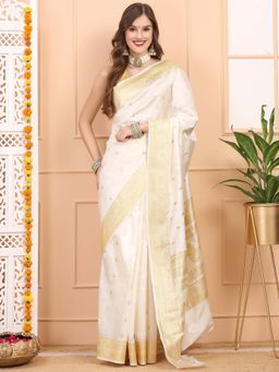 Dress & Dazzle - Ivory Cream Katan Silk Saree with Unstitched Blouse