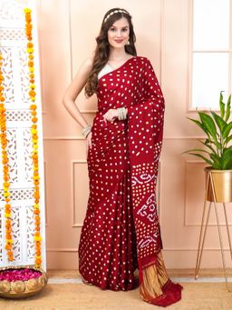 Dress & Dazzle - Brick Maroon Bandhani Saree with Unstitched Blouse