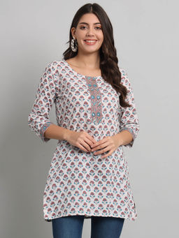 Rangmayee - Women Cotton White And Blue Ethnic Buti Printed Short Kurti