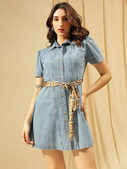Xpose - Light Blue Denim Midi Shirt Dress for Women