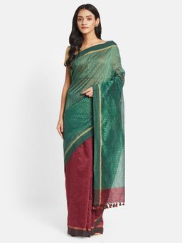 Fabindia - Green Wool Blend Woven Saree without Blouse